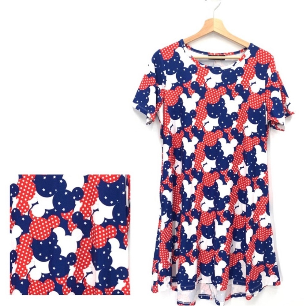 Mickey Mouse Red White Blue Stars Short Sleeve Loose Fit Dress Tunic Medium